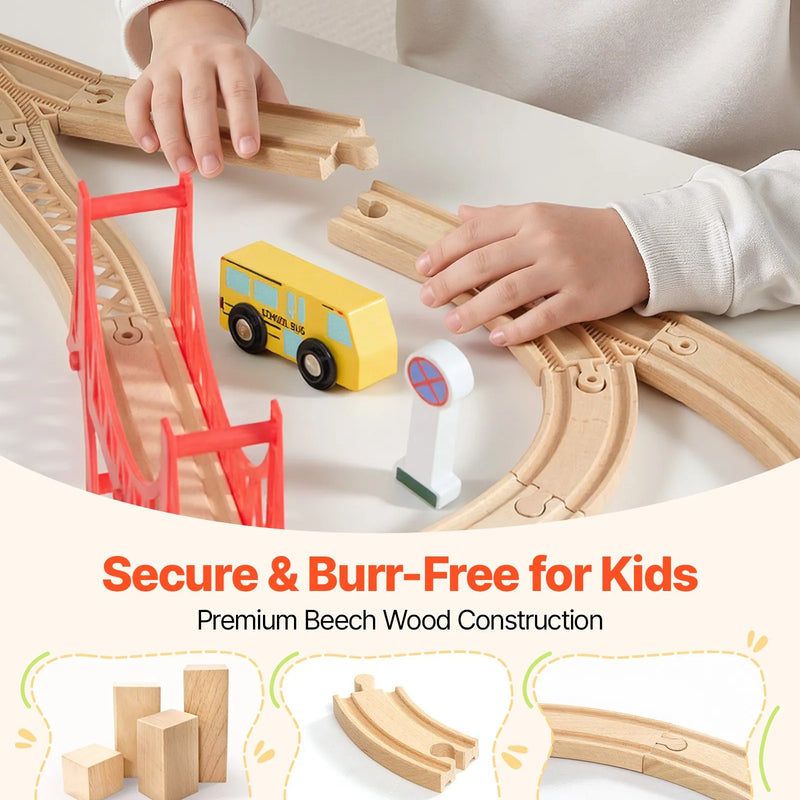 VEVOR Koka vilciena komplekts 113 gab. ar uzglabāšanas kasti, pilsētas tematikas dzelzceļa rotaļlieta bērniem 3–8 gadiem, savietojams ar populāriem zīmoliem, Ziemassvētku vai dzimšanas dienas dāvana zēniem un meitenēm