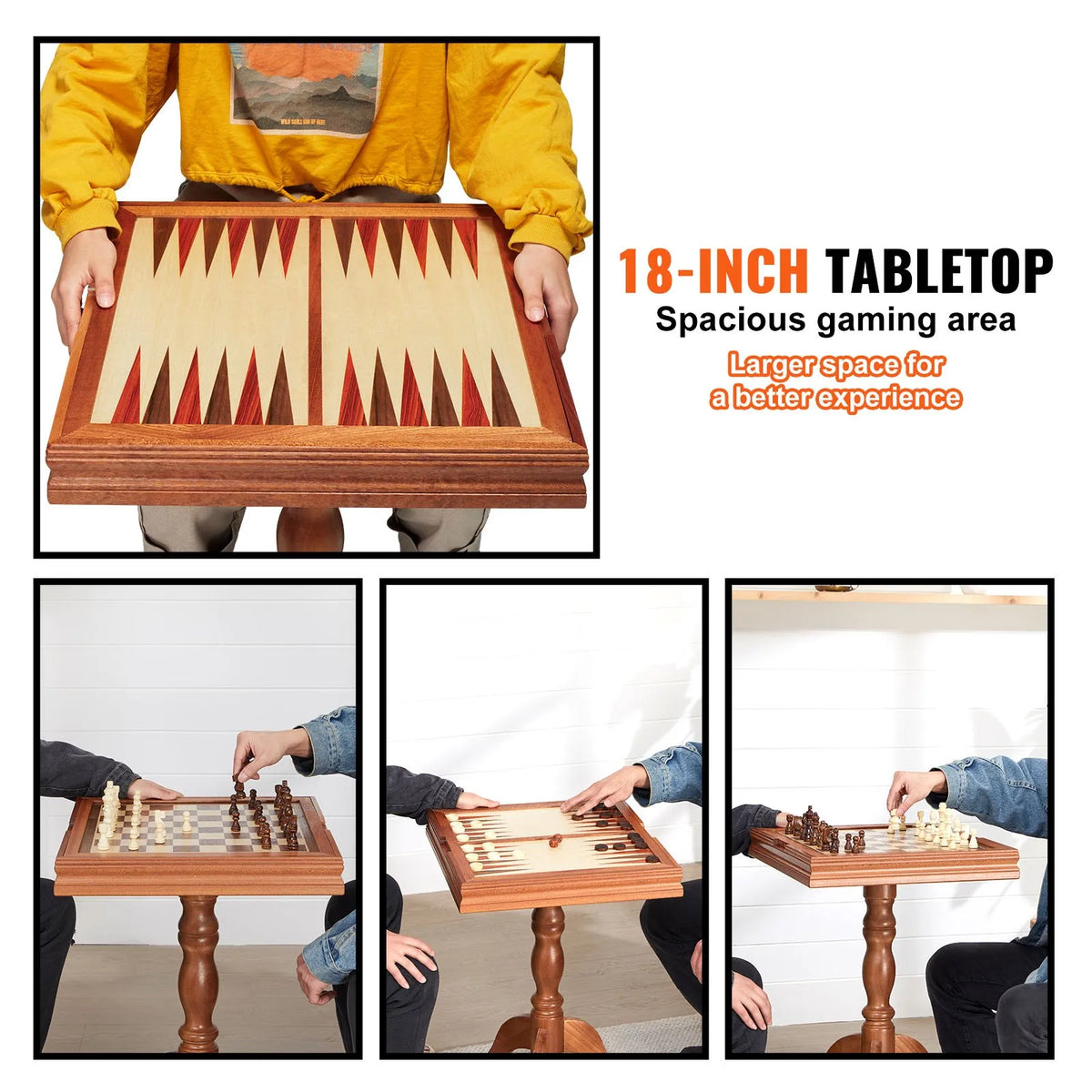 VEVOR 3 vienā šaha, dambretes un bekgemona galda komplekts, 457 mm premium koka šaha galds, luksusa kombinētais spēļu galda mēbeļu komplekts, galda spēļu dāvana ģimenei - ZEMLETES.LV