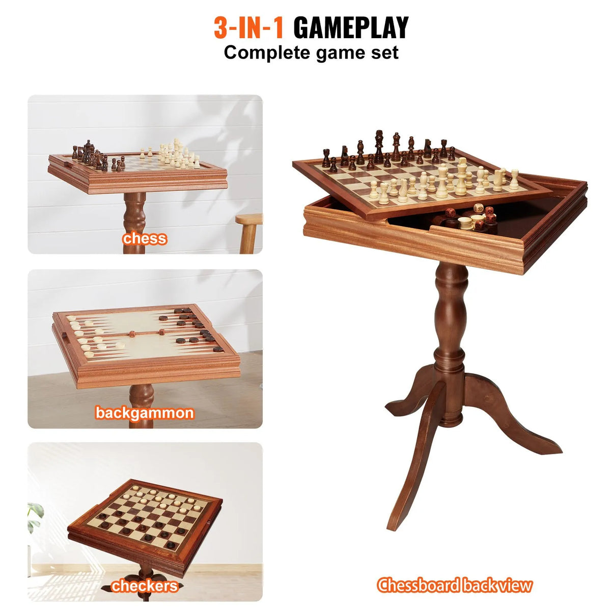 VEVOR 3 vienā šaha, dambretes un bekgemona galda komplekts, 457 mm premium koka šaha galds, luksusa kombinētais spēļu galda mēbeļu komplekts, galda spēļu dāvana ģimenei - ZEMLETES.LV