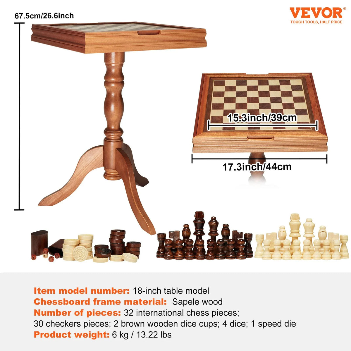 VEVOR 3 vienā šaha, dambretes un bekgemona galda komplekts, 457 mm premium koka šaha galds, luksusa kombinētais spēļu galda mēbeļu komplekts, galda spēļu dāvana ģimenei - ZEMLETES.LV