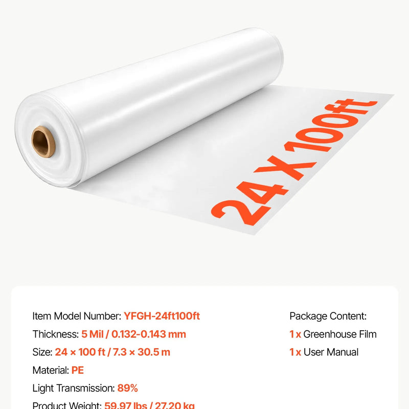 VEVOR YFGH-24ft100ft siltumnīcu plēve, 7,3 × 30,5 m, 5 mil, caurspīdīga PE plēve, 89% gaismas caurlaidība, izturīga pret sauli, lietu, salu, vēju un putekļiem