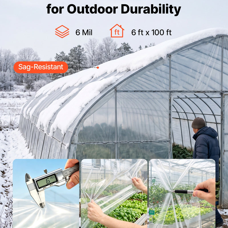 VEVOR YFGH-6ft100ft siltumnīcu plēve, 1,8 × 30,5 m, 6 mil, caurspīdīga PE plēve, 89% gaismas caurlaidība, aizsardzībai pret sauli, lietu, salu, vēju un putekļiem
