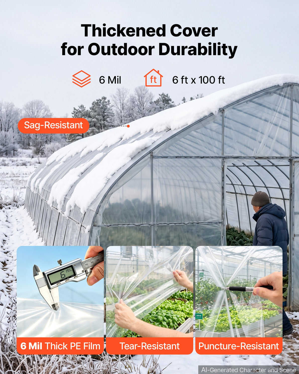VEVOR YFGH-6ft100ft Greenhouse Film, 1.8 × 30.5 m, 6 mil, Clear PE Film, 89% Light Transmittance, Protection Against Sun, Rain, Frost, Wind and Dust
