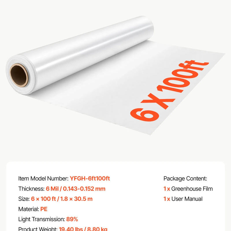 VEVOR YFGH-6ft100ft siltumnīcu plēve, 1,8 × 30,5 m, 6 mil, caurspīdīga PE plēve, 89% gaismas caurlaidība, aizsardzībai pret sauli, lietu, salu, vēju un putekļiem