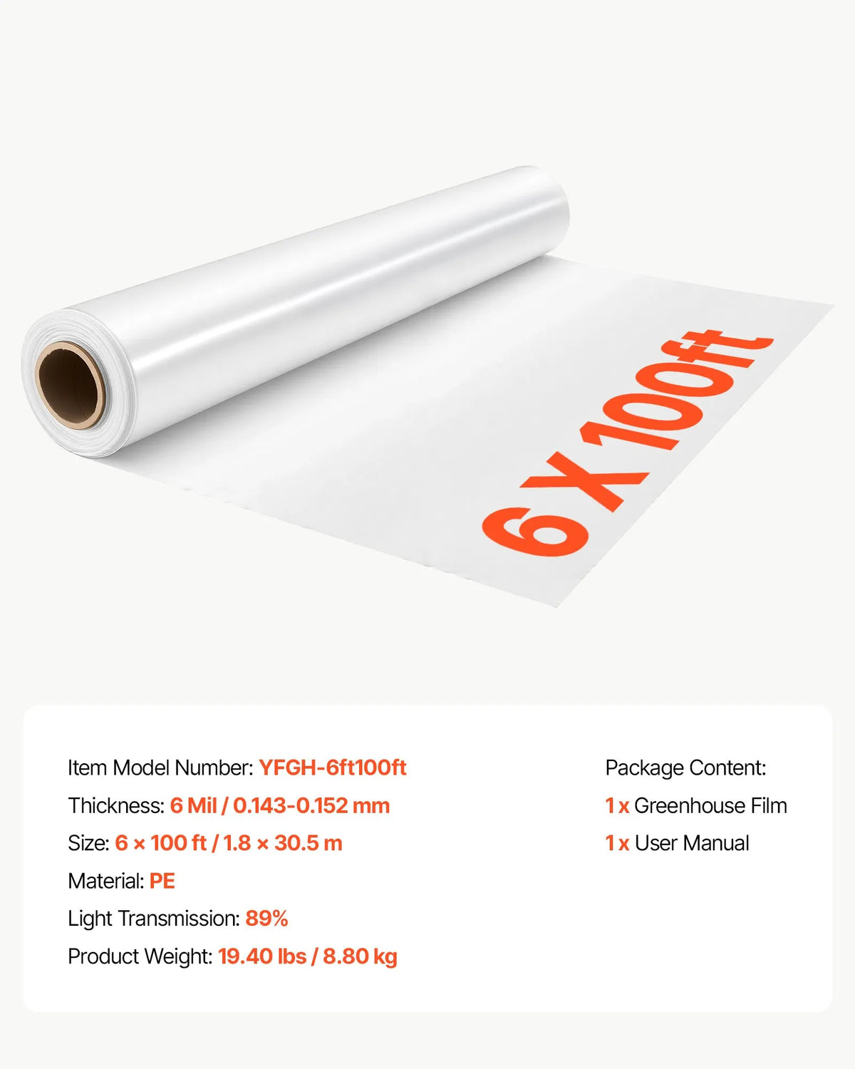 VEVOR YFGH-6ft100ft Greenhouse Film, 1.8 × 30.5 m, 6 mil, Clear PE Film, 89% Light Transmittance, Protection Against Sun, Rain, Frost, Wind and Dust