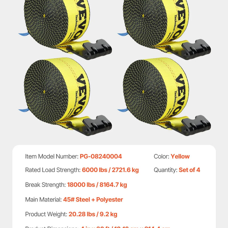 VEVOR vinčas siksnas, 10,2 cm × 9,1 m, kravnesība 2722 kg, pārrāvuma izturība 8165 kg, kravas stiprināšanas siksnas ar plakano āķi, piekabēm, platformām, lauksaimniecībai, glābšanas darbiem un koku aizsardzībai, dzeltenas, 4 gab.