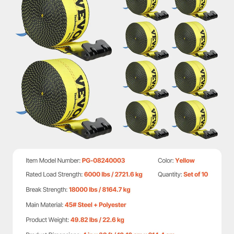 VEVOR vinčas siksnas, 10,2 cm × 9,1 m, kravnesība 2722 kg, pārrāvuma izturība 8165 kg, kravas stiprināšanas siksnas ar plakano āķi, piekabēm, platformām, lauksaimniecībai, glābšanas darbiem un koku aizsardzībai, dzeltenas, 10 gab.