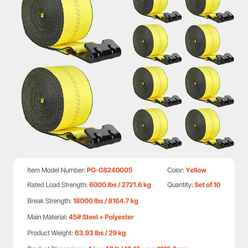 VEVOR vinčas siksnas, 10,2 cm × 12,2 m, kravnesība 2722 kg, pārrāvuma izturība 8165 kg, kravas stiprināšanas siksnas ar plakano āķi, piekabēm, platformām, lauksaimniecībai, glābšanas darbiem un koku aizsardzībai, dzeltenas, 10 gab.