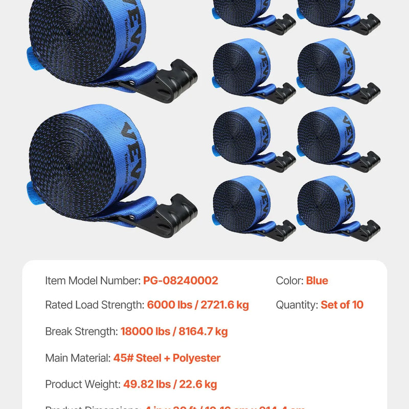 VEVOR vinčas siksnas, 10,2 cm × 9,1 m, kravnesība 2722 kg, pārrāvuma izturība 8165 kg, kravas stiprināšanas siksnas ar plakano āķi, piekabēm, platformām, lauksaimniecībai, glābšanas darbiem un koku aizsardzībai, zilas, 10 gab.