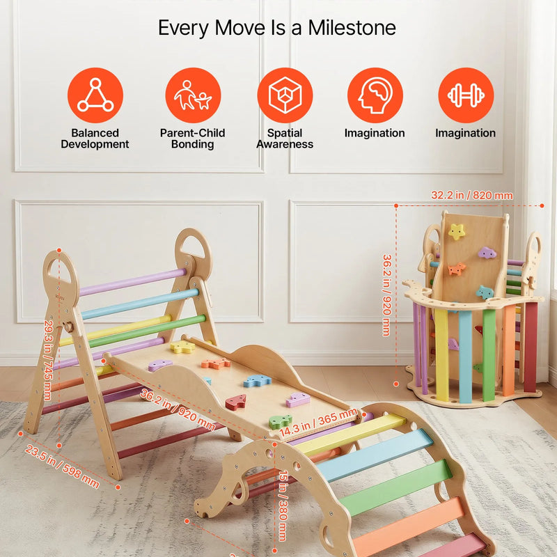 VEVOR 9-in-1 Pikler trijstūra Montessori kāpšanas komplekts bērniem, salokāms, ar rampu, loku, spilvenu un 2 koka automašīnām, slodze līdz 68 kg, varavīksnes krāsu dizains