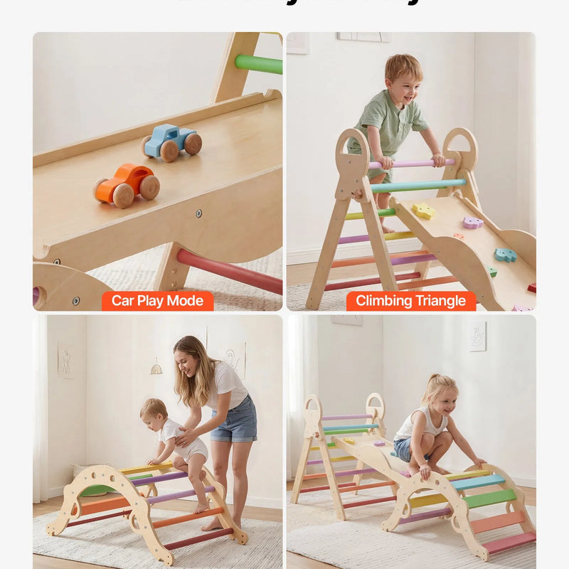 VEVOR 9-in-1 Pikler trijstūra Montessori kāpšanas komplekts bērniem, salokāms, ar rampu, loku, spilvenu un 2 koka automašīnām, slodze līdz 68 kg, varavīksnes krāsu dizains