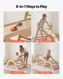 VEVOR 9-in-1 Pikler trijstūra Montessori kāpšanas komplekts bērniem, salokāms, ar rampu, loku, spilvenu un 2 koka automašīnām, slodze līdz 68 kg, varavīksnes krāsu dizains