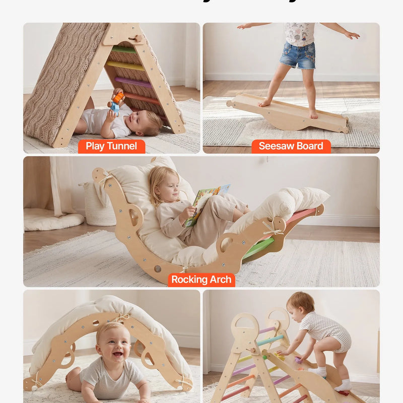 VEVOR 9-in-1 Pikler trijstūra Montessori kāpšanas komplekts bērniem, salokāms, ar rampu, loku, spilvenu un 2 koka automašīnām, slodze līdz 68 kg, varavīksnes krāsu dizains
