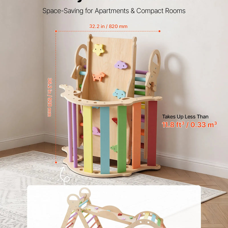 VEVOR 9-in-1 Pikler trijstūra Montessori kāpšanas komplekts bērniem, salokāms, ar rampu, loku, spilvenu un 2 koka automašīnām, slodze līdz 68 kg, varavīksnes krāsu dizains