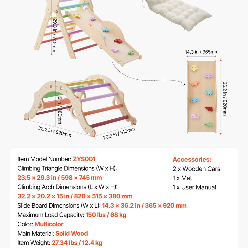 VEVOR 9-in-1 Pikler trijstūra Montessori kāpšanas komplekts bērniem, salokāms, ar rampu, loku, spilvenu un 2 koka automašīnām, slodze līdz 68 kg, varavīksnes krāsu dizains