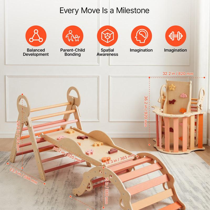 VEVOR 9-in-1 Pikler trijstūra Montessori kāpšanas komplekts bērniem, salokāms, ar rampu, loku, spilvenu un 2 koka automašīnām, slodze līdz 68 kg, oranžs