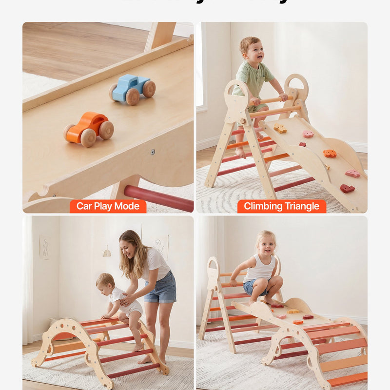 VEVOR 9-in-1 Pikler trijstūra Montessori kāpšanas komplekts bērniem, salokāms, ar rampu, loku, spilvenu un 2 koka automašīnām, slodze līdz 68 kg, oranžs