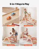 VEVOR 9-in-1 Pikler trijstūra Montessori kāpšanas komplekts bērniem, salokāms, ar rampu, loku, spilvenu un 2 koka automašīnām, slodze līdz 68 kg, oranžs