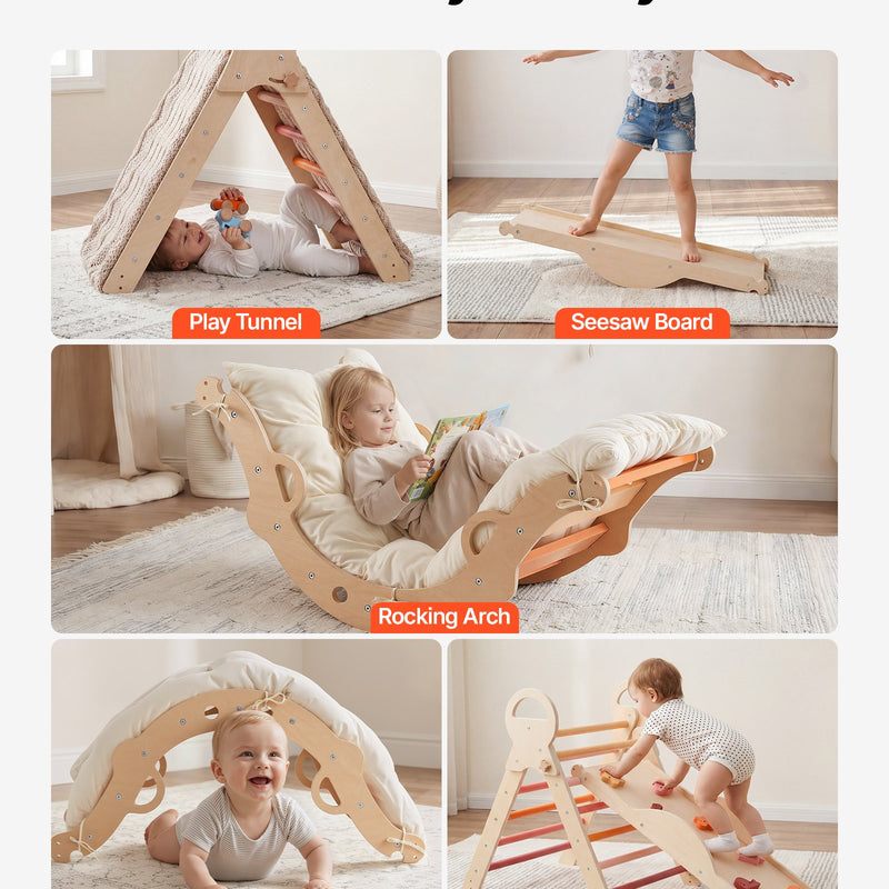 VEVOR 9-in-1 Pikler trijstūra Montessori kāpšanas komplekts bērniem, salokāms, ar rampu, loku, spilvenu un 2 koka automašīnām, slodze līdz 68 kg, oranžs