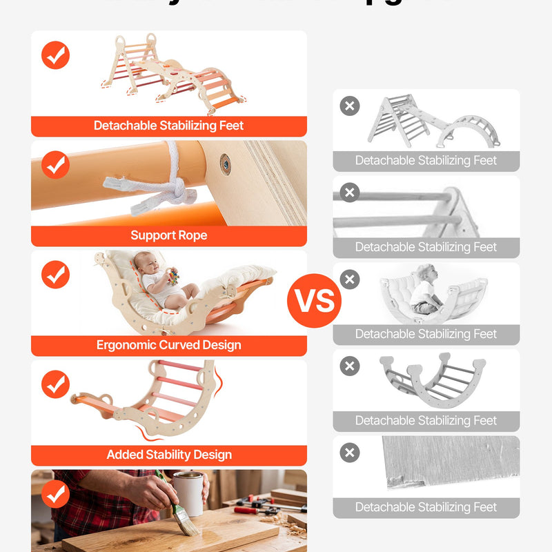 VEVOR 9-in-1 Pikler trijstūra Montessori kāpšanas komplekts bērniem, salokāms, ar rampu, loku, spilvenu un 2 koka automašīnām, slodze līdz 68 kg, oranžs