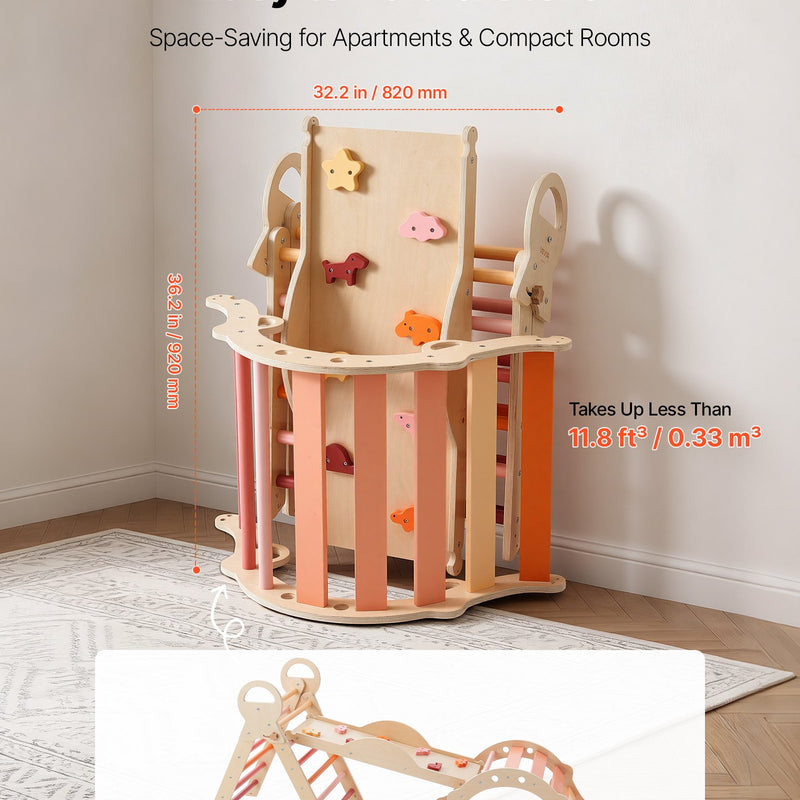 VEVOR 9-in-1 Pikler trijstūra Montessori kāpšanas komplekts bērniem, salokāms, ar rampu, loku, spilvenu un 2 koka automašīnām, slodze līdz 68 kg, oranžs