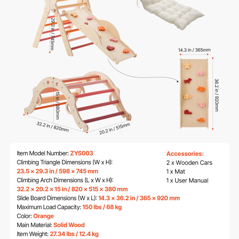VEVOR 9-in-1 Pikler trijstūra Montessori kāpšanas komplekts bērniem, salokāms, ar rampu, loku, spilvenu un 2 koka automašīnām, slodze līdz 68 kg, oranžs