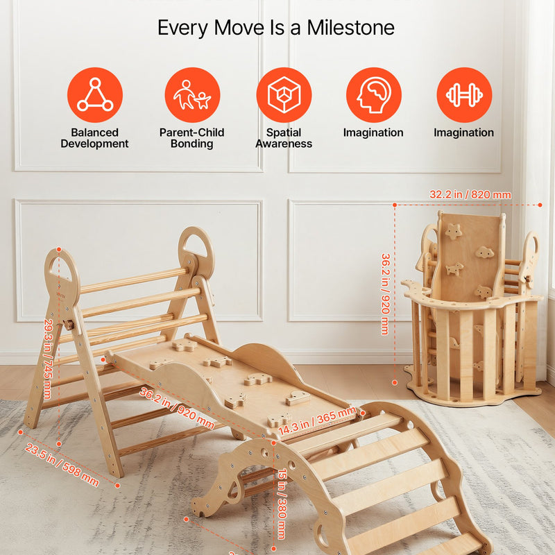 VEVOR 9-in-1 Pikler trijstūra Montessori kāpšanas komplekts bērniem, salokāms, ar rampu, loku, spilvenu un 2 koka automašīnām, slodze līdz 68 kg, koka krāsā