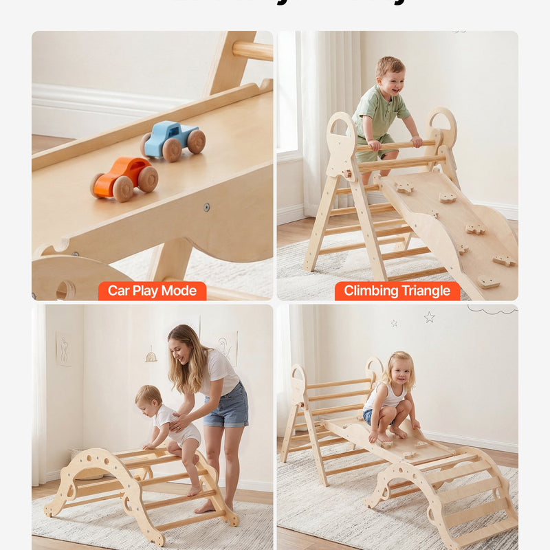 VEVOR 9-in-1 Pikler trijstūra Montessori kāpšanas komplekts bērniem, salokāms, ar rampu, loku, spilvenu un 2 koka automašīnām, slodze līdz 68 kg, koka krāsā