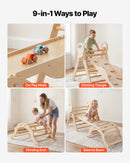 VEVOR 9-in-1 Pikler trijstūra Montessori kāpšanas komplekts bērniem, salokāms, ar rampu, loku, spilvenu un 2 koka automašīnām, slodze līdz 68 kg, koka krāsā