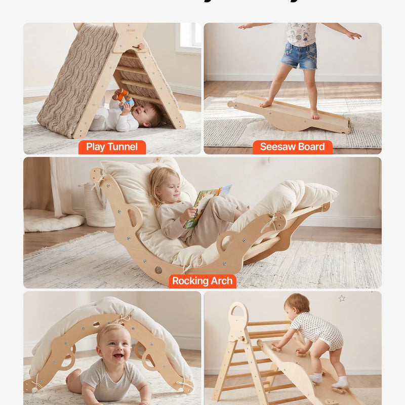 VEVOR 9-in-1 Pikler trijstūra Montessori kāpšanas komplekts bērniem, salokāms, ar rampu, loku, spilvenu un 2 koka automašīnām, slodze līdz 68 kg, koka krāsā