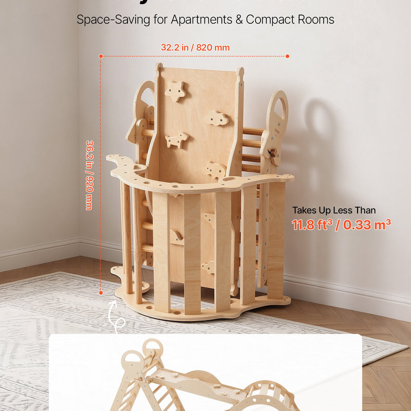 VEVOR 9-in-1 Pikler trijstūra Montessori kāpšanas komplekts bērniem, salokāms, ar rampu, loku, spilvenu un 2 koka automašīnām, slodze līdz 68 kg, koka krāsā