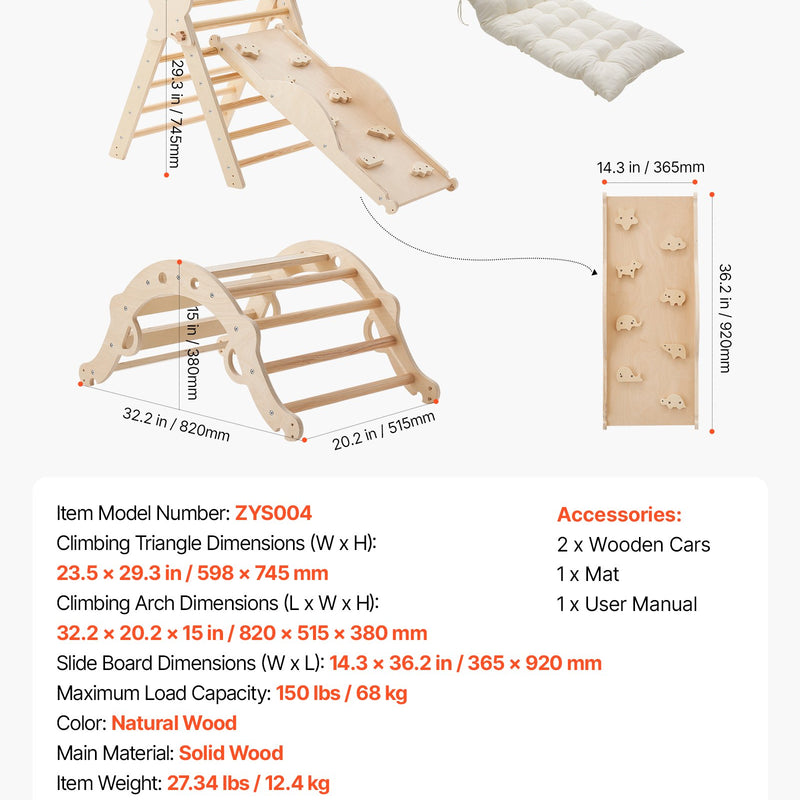 VEVOR 9-in-1 Pikler trijstūra Montessori kāpšanas komplekts bērniem, salokāms, ar rampu, loku, spilvenu un 2 koka automašīnām, slodze līdz 68 kg, koka krāsā