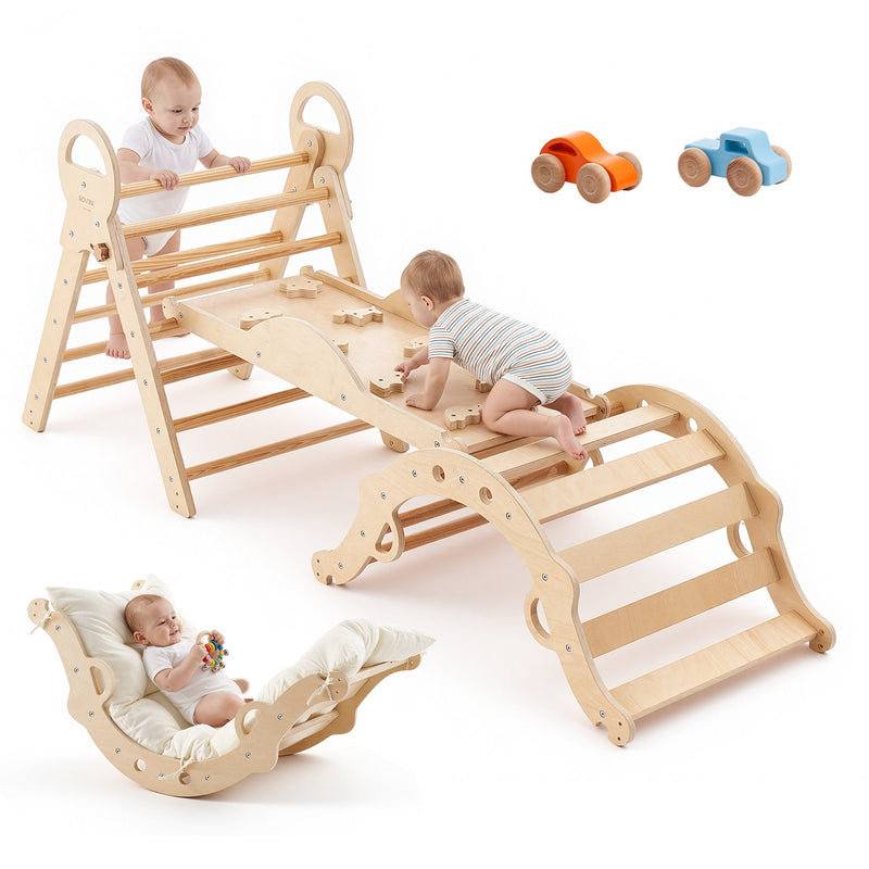 VEVOR 9-in-1 Pikler trijstūra Montessori kāpšanas komplekts bērniem, salokāms, ar rampu, loku, spilvenu un 2 koka automašīnām, slodze līdz 68 kg, koka krāsā