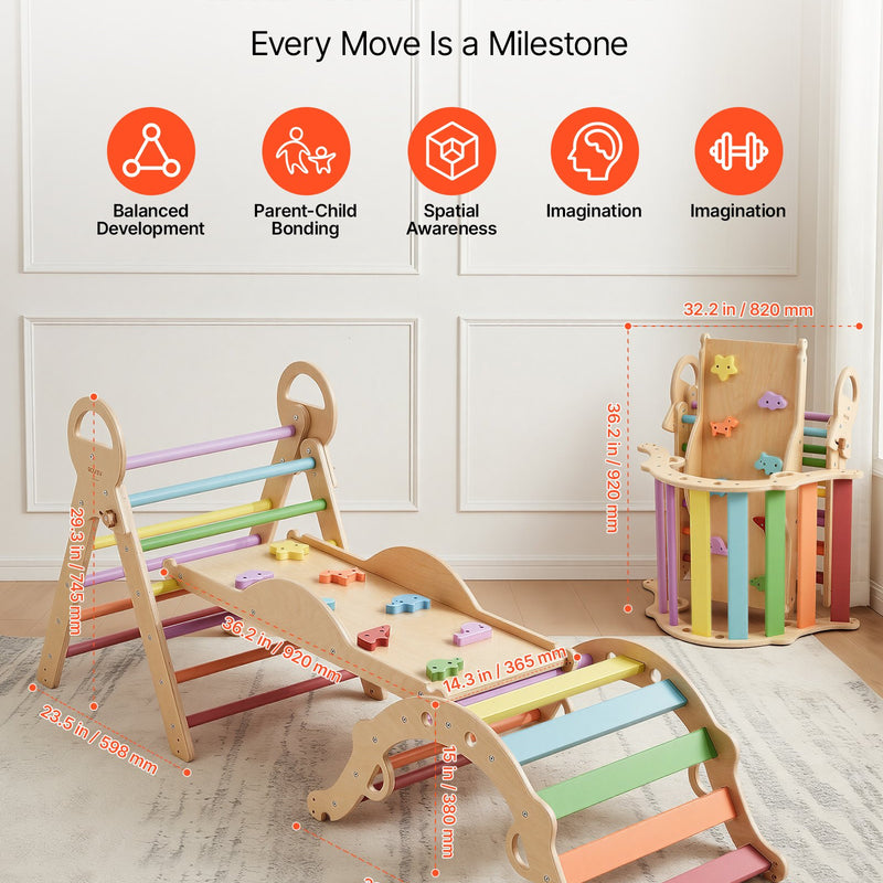 VEVOR 9-in-1 Pikler trijstūra Montessori kāpšanas komplekts bērniem, salokāms, ar ksilofonu, rampu, loku, spilvenu un trijstūri, slodze līdz 68 kg, varavīksnes krāsu dizains