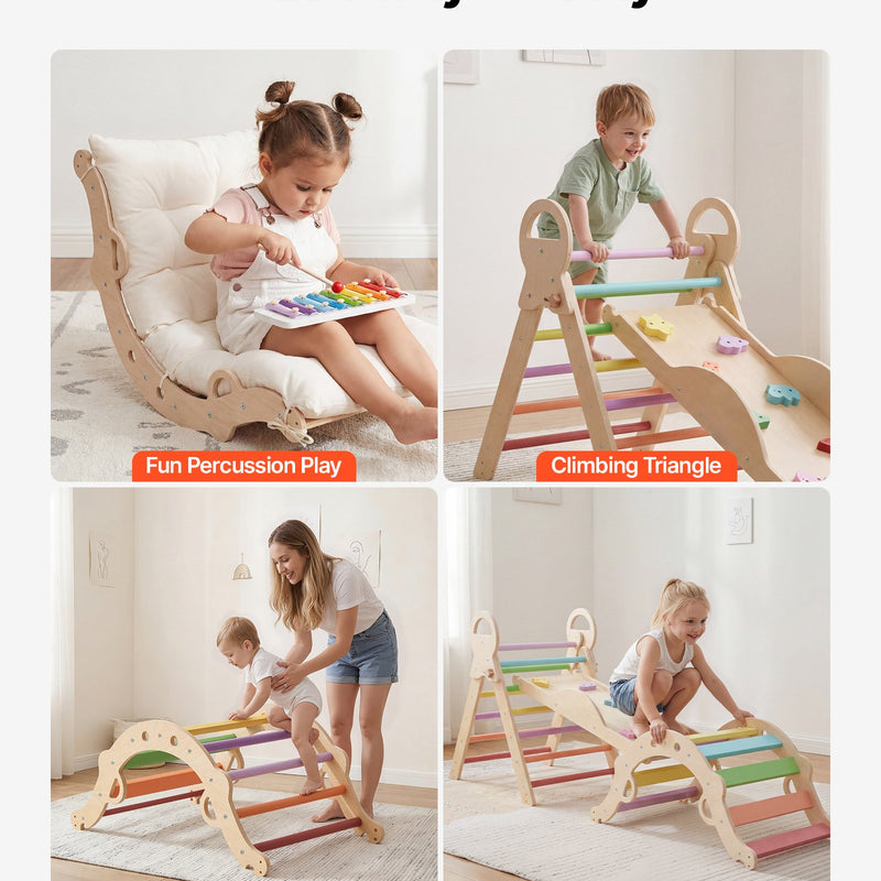 VEVOR 9-in-1 Pikler trijstūra Montessori kāpšanas komplekts bērniem, salokāms, ar ksilofonu, rampu, loku, spilvenu un trijstūri, slodze līdz 68 kg, varavīksnes krāsu dizains