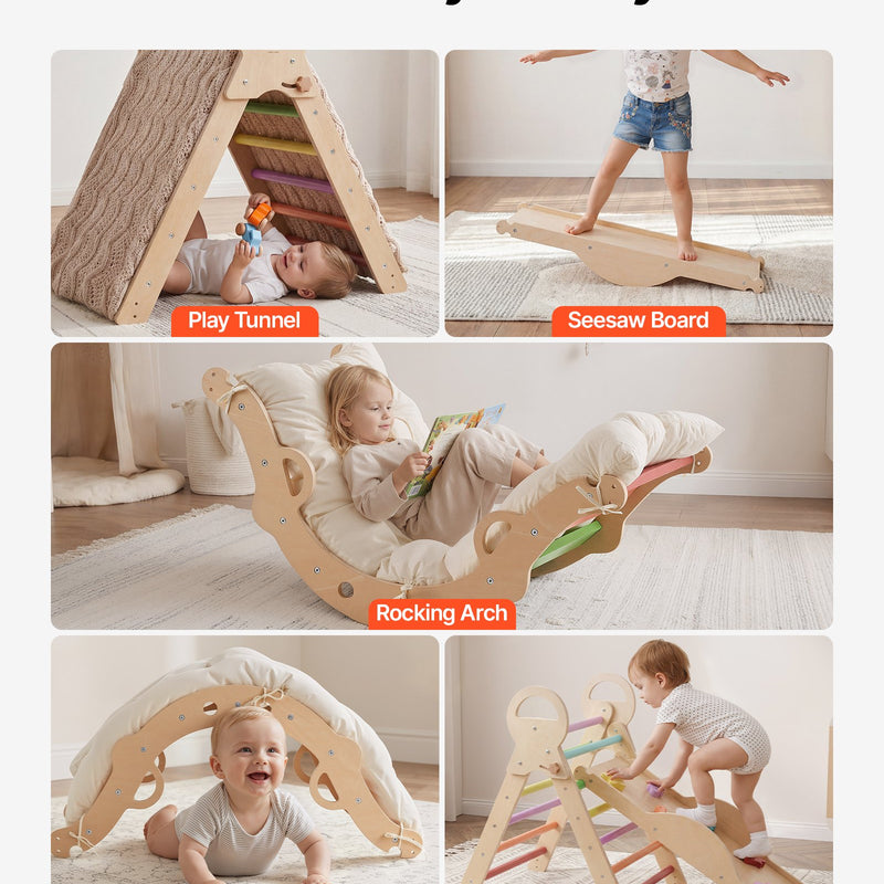 VEVOR 9-in-1 Pikler trijstūra Montessori kāpšanas komplekts bērniem, salokāms, ar ksilofonu, rampu, loku, spilvenu un trijstūri, slodze līdz 68 kg, varavīksnes krāsu dizains