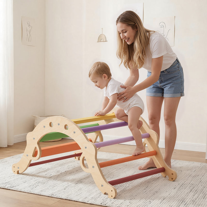 VEVOR 9-in-1 Pikler trijstūra Montessori kāpšanas komplekts bērniem, salokāms, ar ksilofonu, rampu, loku, spilvenu un trijstūri, slodze līdz 68 kg, varavīksnes krāsu dizains