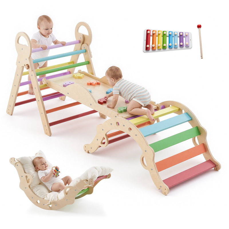 VEVOR 9-in-1 Pikler trijstūra Montessori kāpšanas komplekts bērniem, salokāms, ar ksilofonu, rampu, loku, spilvenu un trijstūri, slodze līdz 68 kg, varavīksnes krāsu dizains