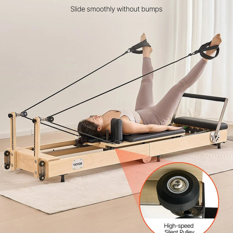 VEVOR salokāms koka pilates reformeris ar dubulto pretestību (atsperes un troses), pilates gulta ar sēdēšanas kasti, piemērots mājas sporta zālei un studijai, slodze līdz 181 kg - ZEMLETES.LV