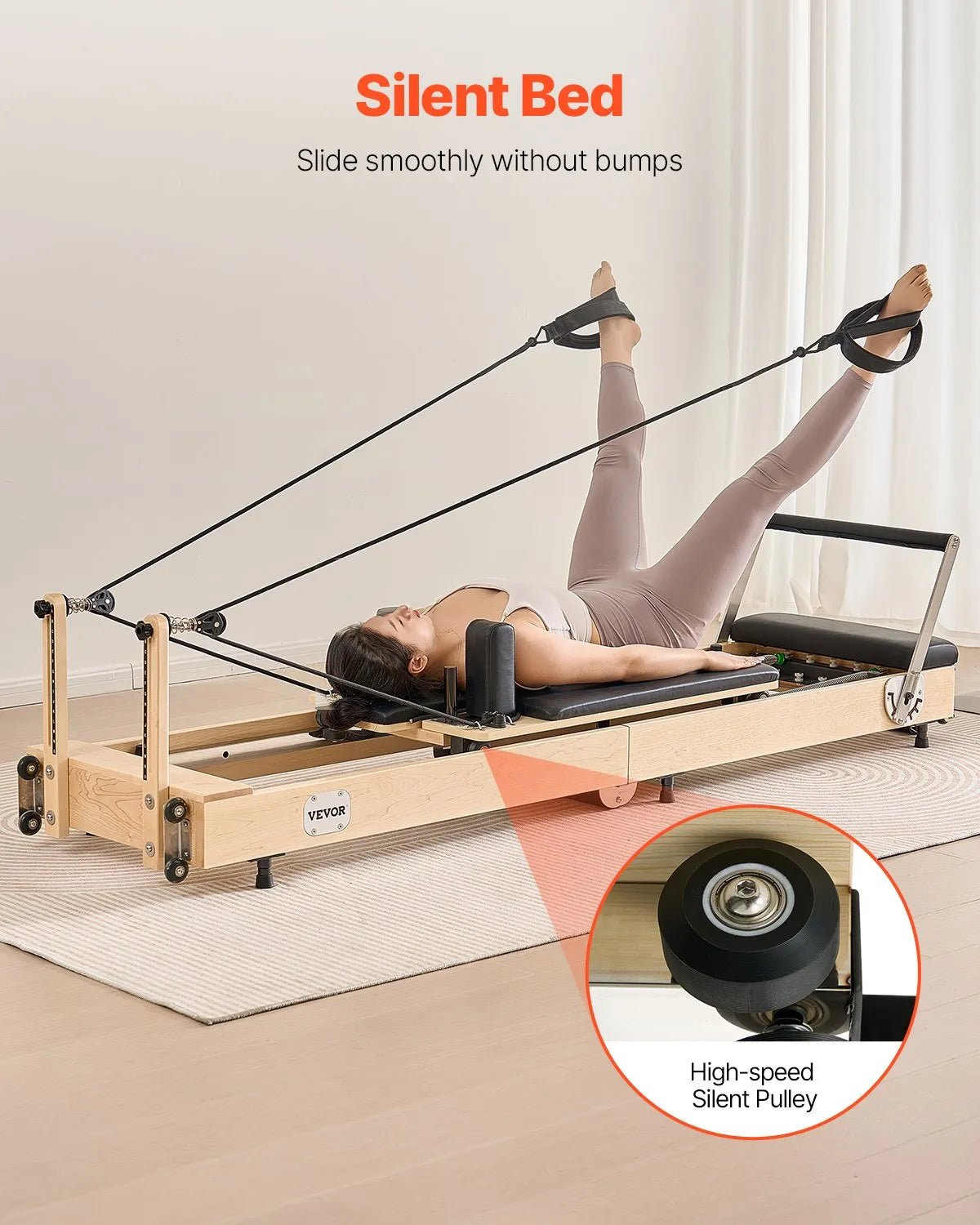 VEVOR salokāms koka pilates reformeris ar dubulto pretestību (atsperes un troses), pilates gulta ar sēdēšanas kasti, piemērots mājas sporta zālei un studijai, slodze līdz 181 kg - ZEMLETES.LV