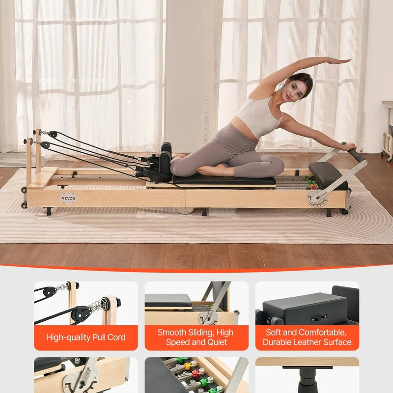 VEVOR salokāms koka pilates reformeris ar dubulto pretestību (atsperes un troses), pilates gulta ar sēdēšanas kasti, piemērots mājas sporta zālei un studijai, slodze līdz 181 kg - ZEMLETES.LV