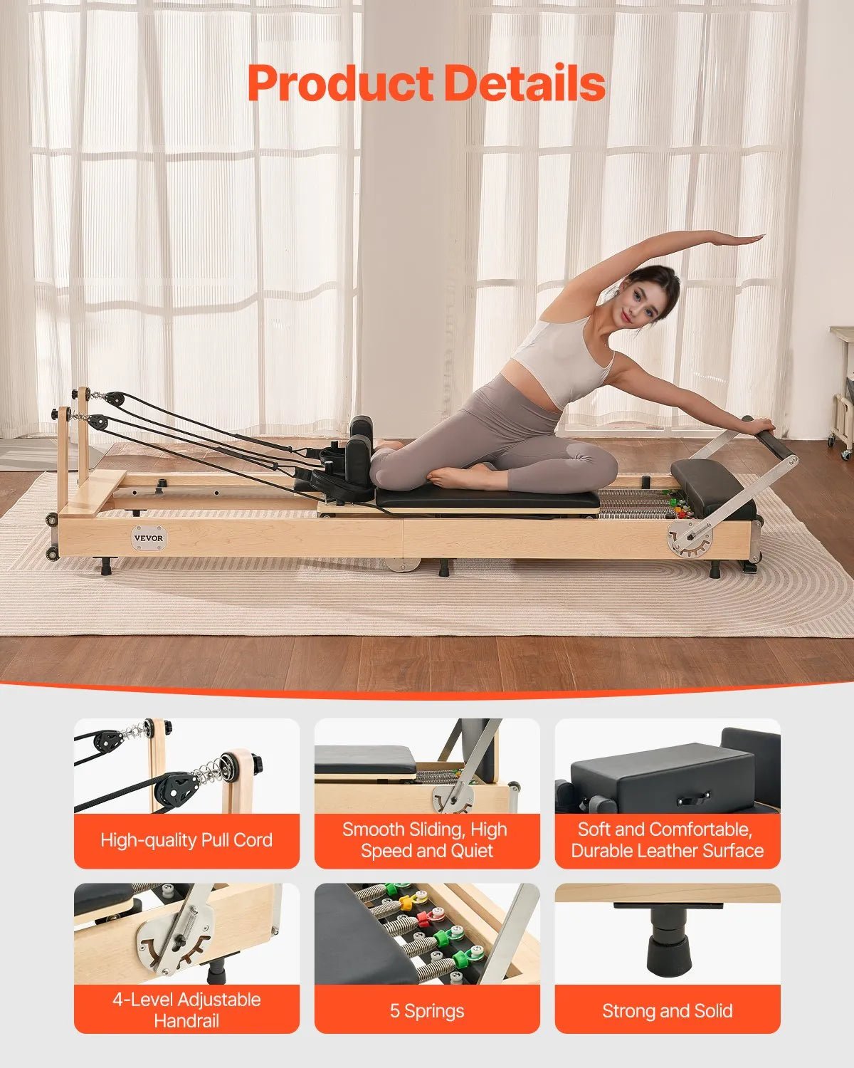 VEVOR salokāms koka pilates reformeris ar dubulto pretestību (atsperes un troses), pilates gulta ar sēdēšanas kasti, piemērots mājas sporta zālei un studijai, slodze līdz 181 kg - ZEMLETES.LV