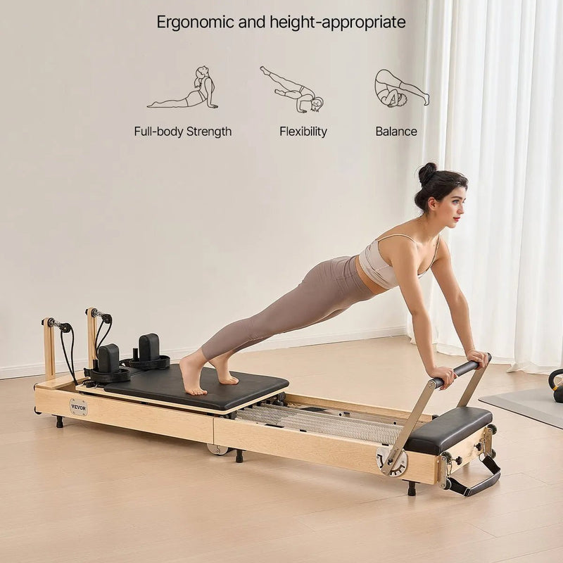VEVOR salokāms koka pilates reformeris ar dubulto pretestību (atsperes un troses), pilates gulta ar sēdēšanas kasti, piemērots mājas sporta zālei un studijai, slodze līdz 181 kg - ZEMLETES.LV