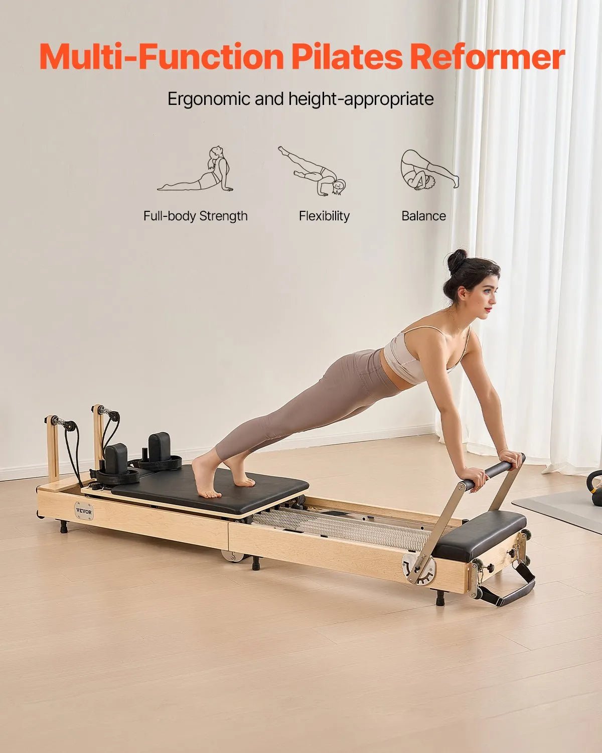 VEVOR salokāms koka pilates reformeris ar dubulto pretestību (atsperes un troses), pilates gulta ar sēdēšanas kasti, piemērots mājas sporta zālei un studijai, slodze līdz 181 kg - ZEMLETES.LV
