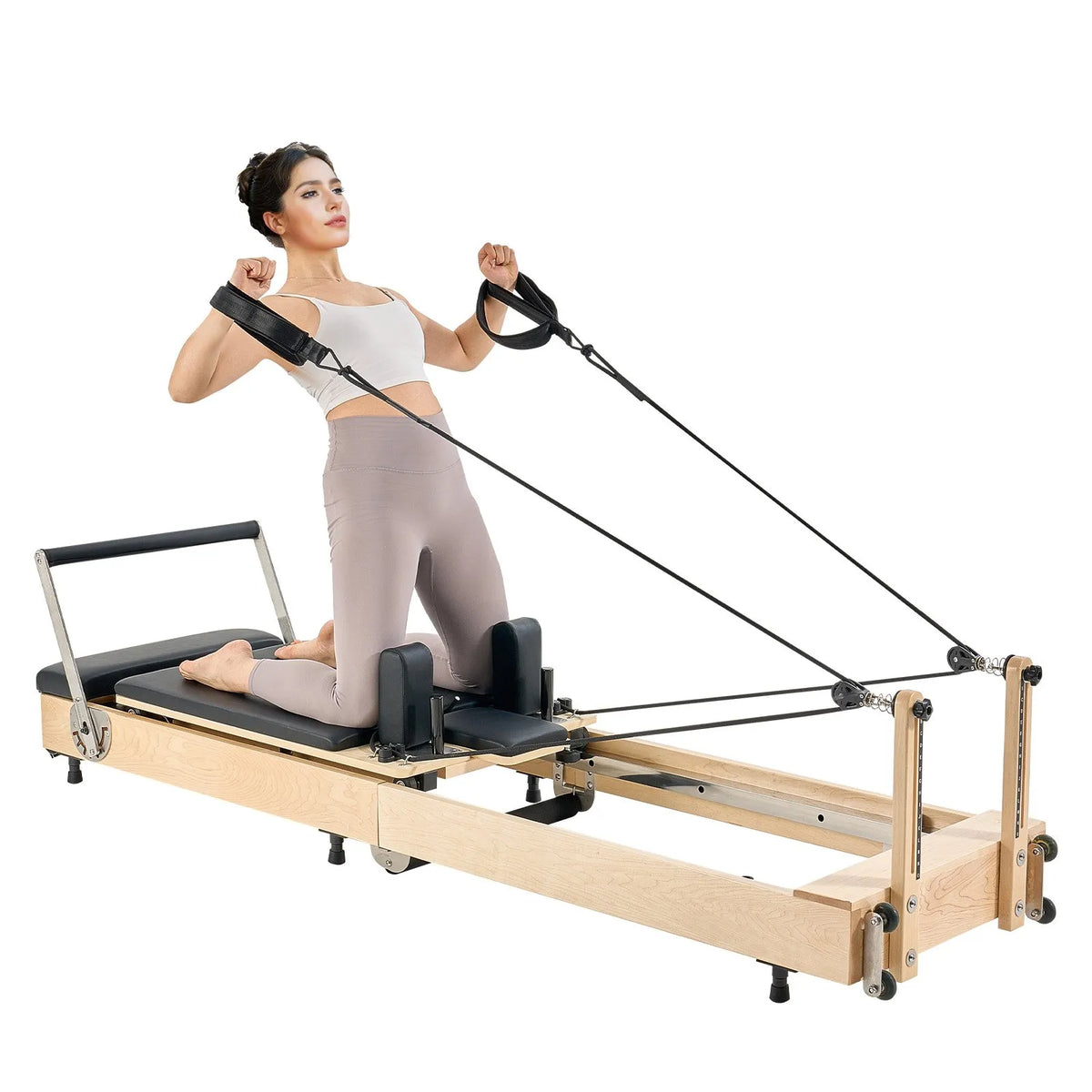 VEVOR salokāms koka pilates reformeris ar dubulto pretestību (atsperes un troses), pilates gulta ar sēdēšanas kasti, piemērots mājas sporta zālei un studijai, slodze līdz 181 kg - ZEMLETES.LV