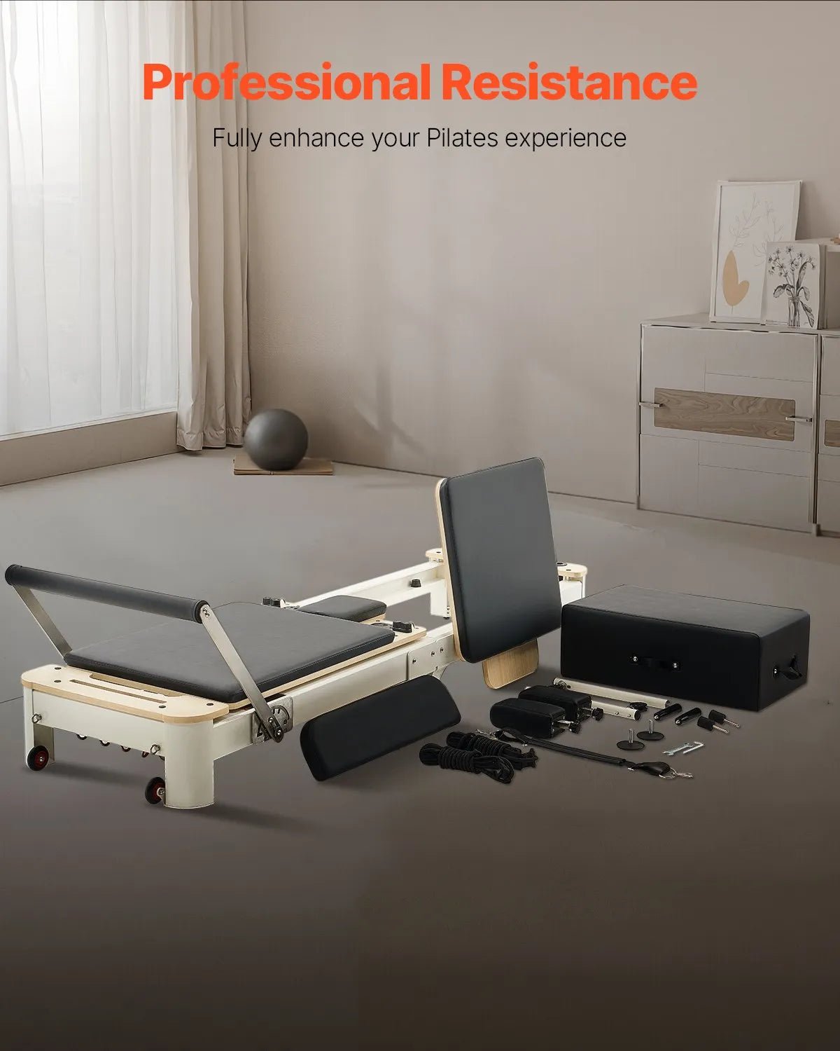 VEVOR salokāms pilates reformeris ar sēdēšanas kasti, pilates gulta ar dubulto pretestību (atsperes un troses), piemērots iesācējiem un pieredzējušiem lietotājiem mājas sporta zālei, slodze līdz 181 kg - ZEMLETES.LV