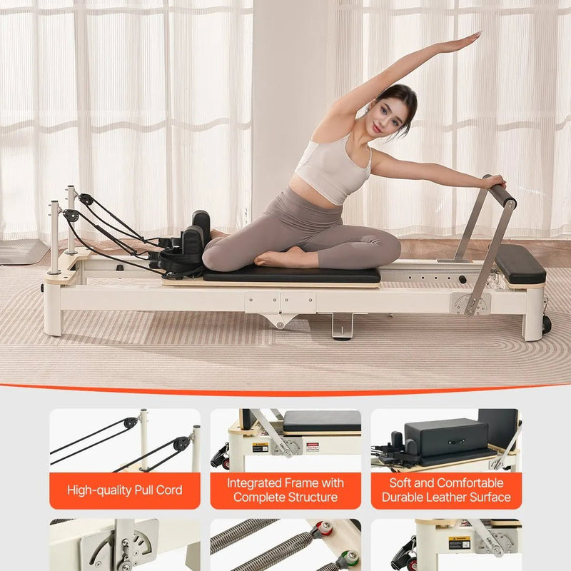VEVOR salokāms pilates reformeris ar sēdēšanas kasti, pilates gulta ar dubulto pretestību (atsperes un troses), piemērots iesācējiem un pieredzējušiem lietotājiem mājas sporta zālei, slodze līdz 181 kg - ZEMLETES.LV
