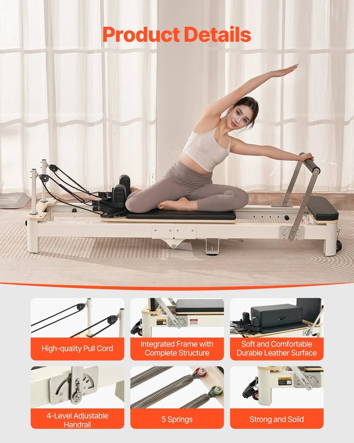 VEVOR salokāms pilates reformeris ar sēdēšanas kasti, pilates gulta ar dubulto pretestību (atsperes un troses), piemērots iesācējiem un pieredzējušiem lietotājiem mājas sporta zālei, slodze līdz 181 kg - ZEMLETES.LV
