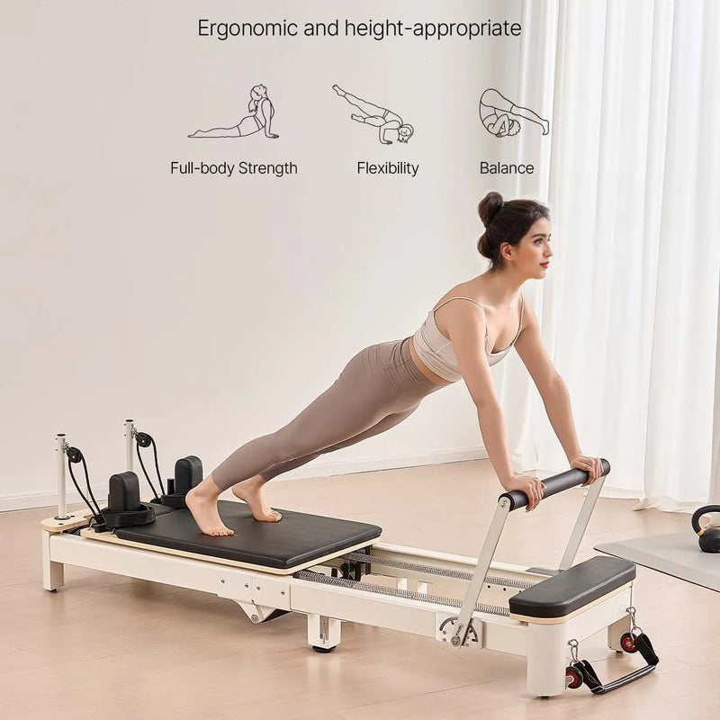VEVOR salokāms pilates reformeris ar sēdēšanas kasti, pilates gulta ar dubulto pretestību (atsperes un troses), piemērots iesācējiem un pieredzējušiem lietotājiem mājas sporta zālei, slodze līdz 181 kg - ZEMLETES.LV