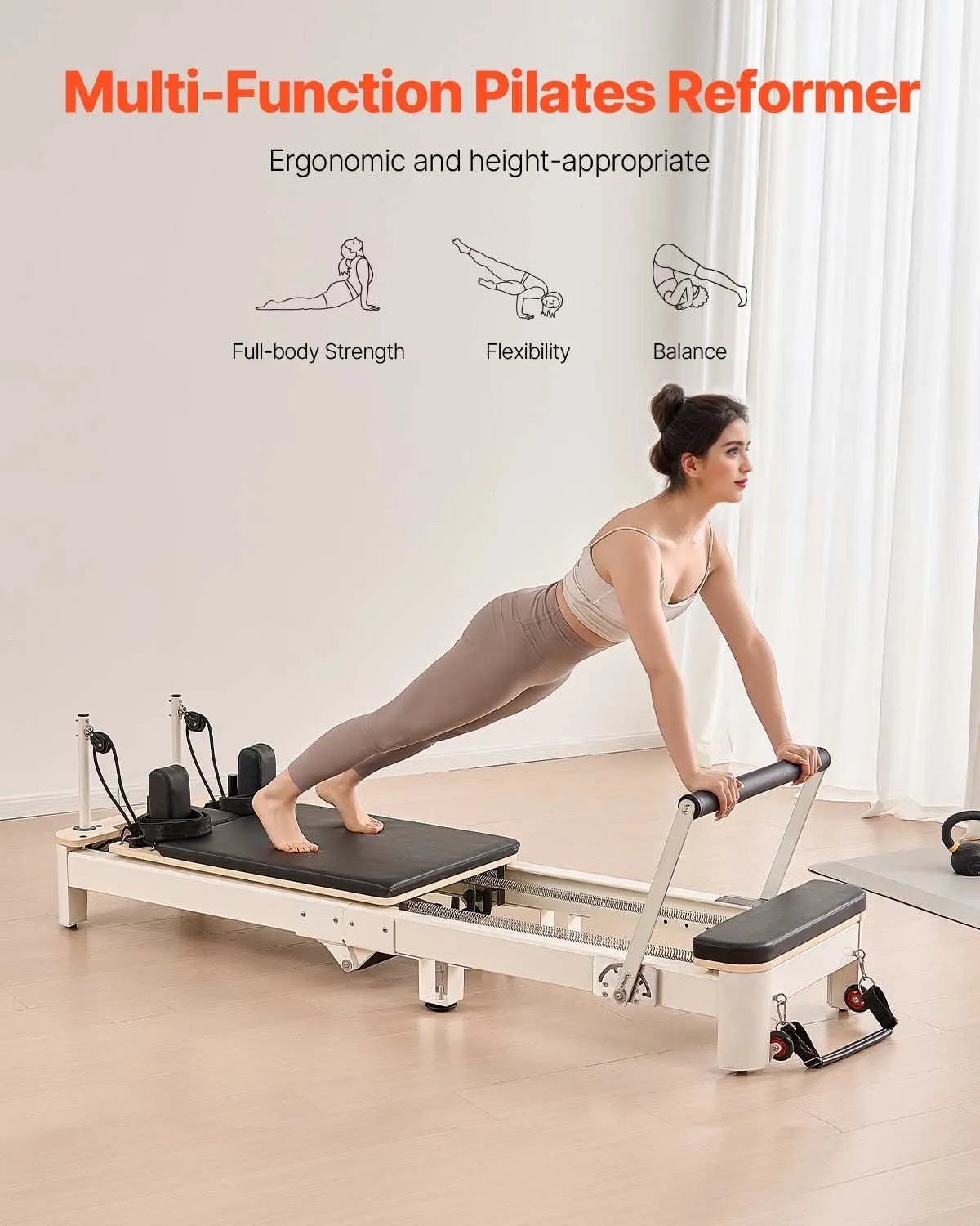 VEVOR salokāms pilates reformeris ar sēdēšanas kasti, pilates gulta ar dubulto pretestību (atsperes un troses), piemērots iesācējiem un pieredzējušiem lietotājiem mājas sporta zālei, slodze līdz 181 kg - ZEMLETES.LV